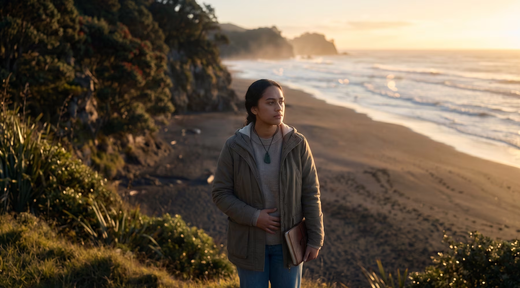 A female on a beach at sunrise